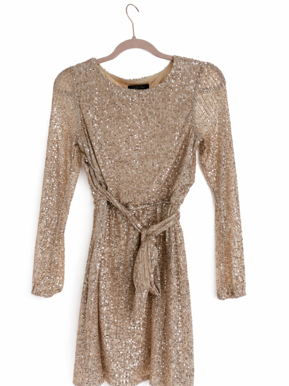 Sequined Belted Long-Sleeve Dress in Champagne